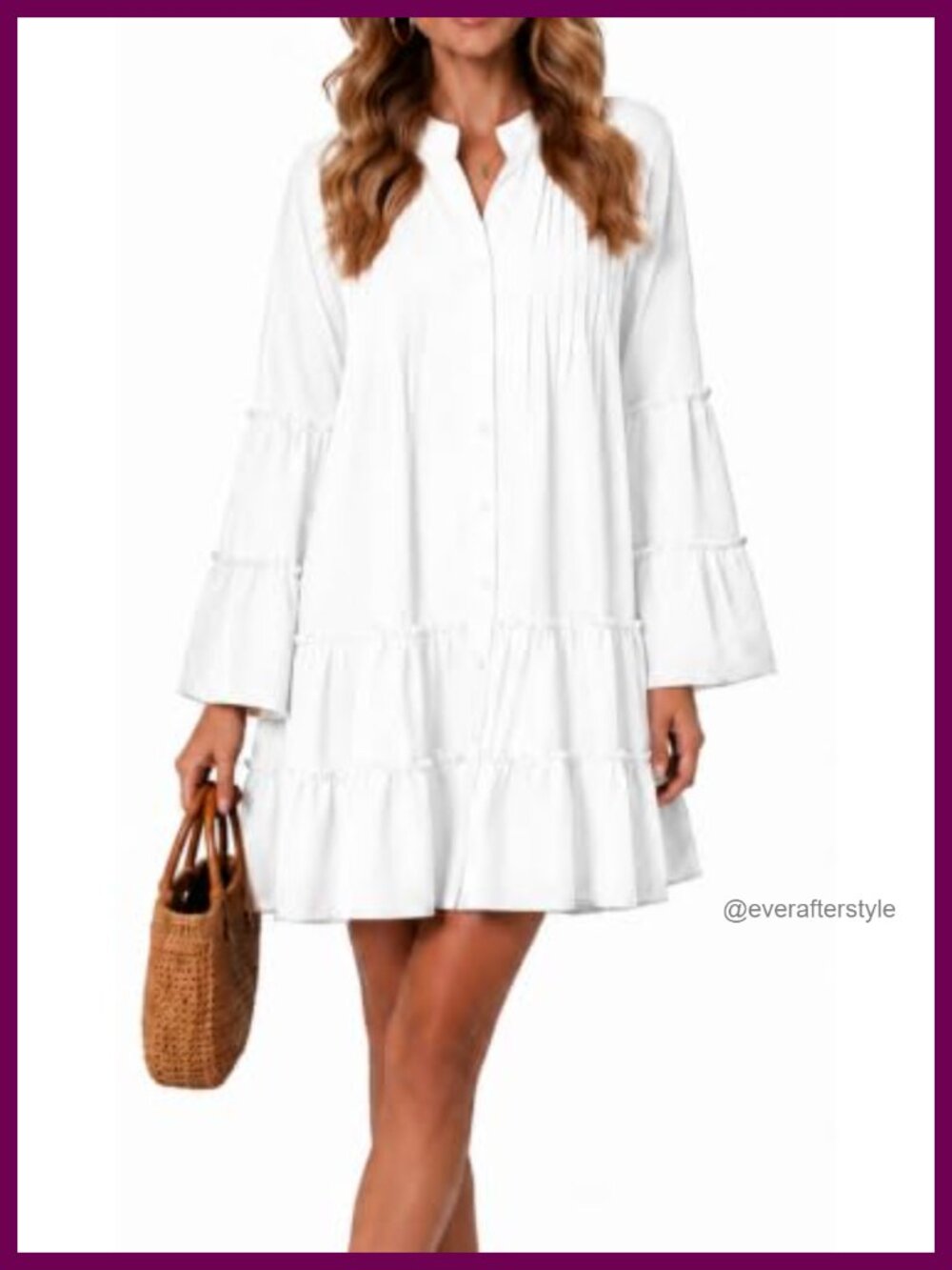 Crew Neck Button-Up Midi Dress Long Sleeve A-Line Loose Flowy Ruffled Women's